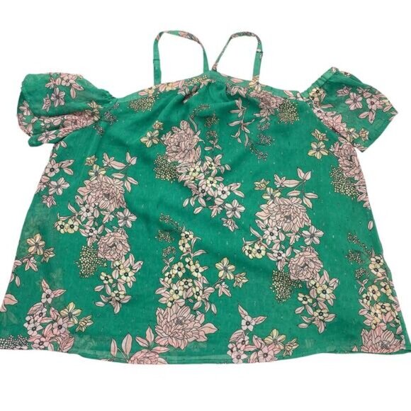 TORRID Cold Shoulder Crinkle Chiffon Floral Green Halter Top Sz Large - Picture 4 of 9